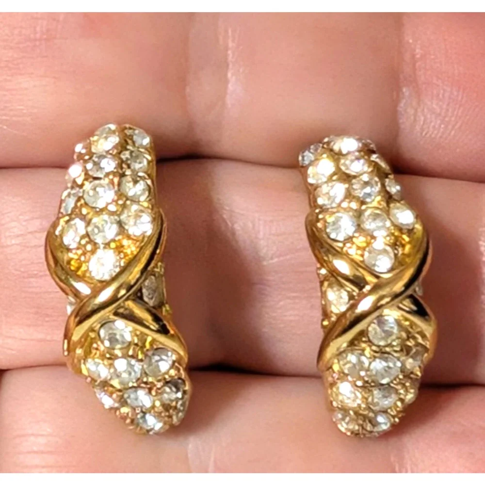 Rhinestone Pierced Earrings Gold-tone Crescents 1